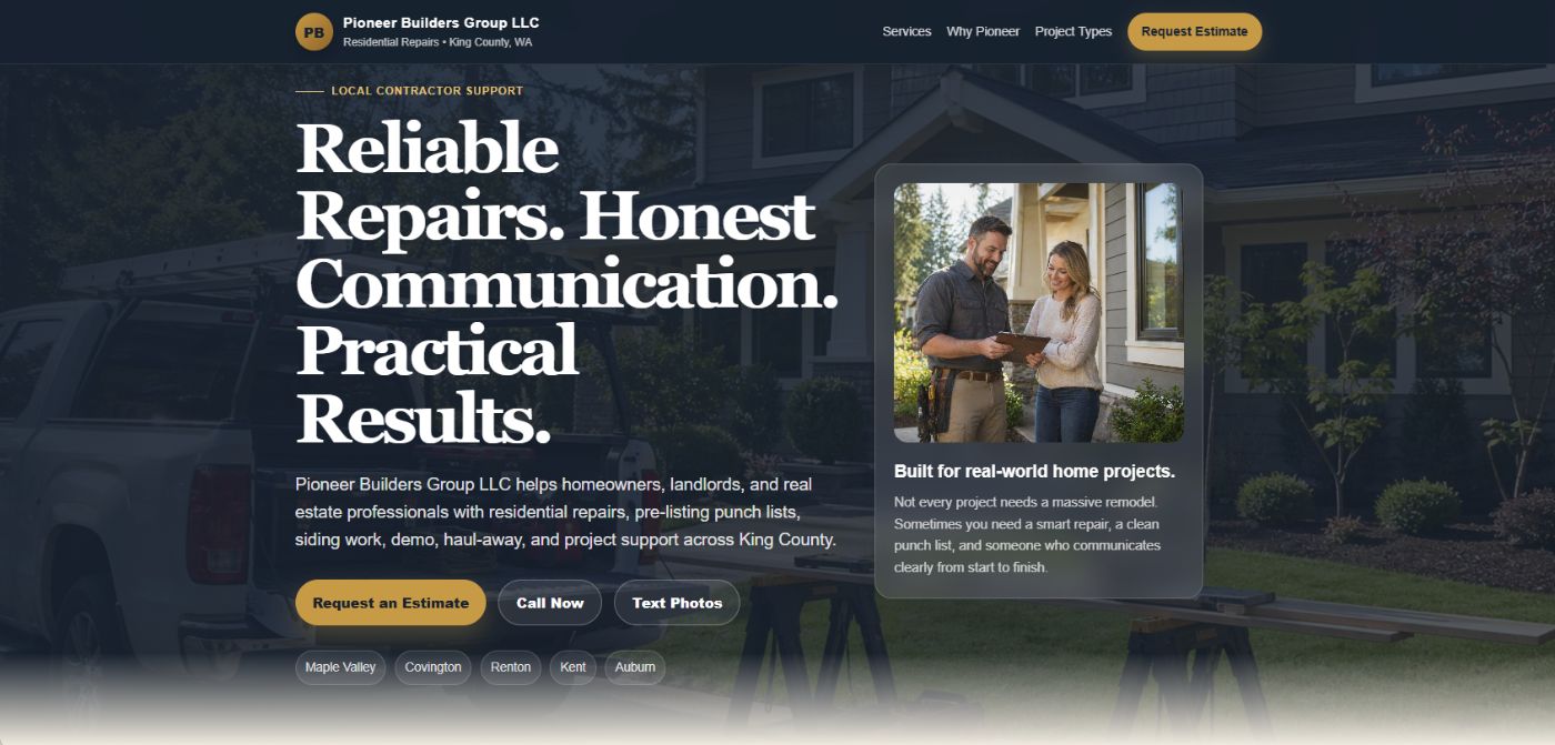 Homepage of Pioneer Builders Group LLC, a residential repairs website built by Debi Web Works