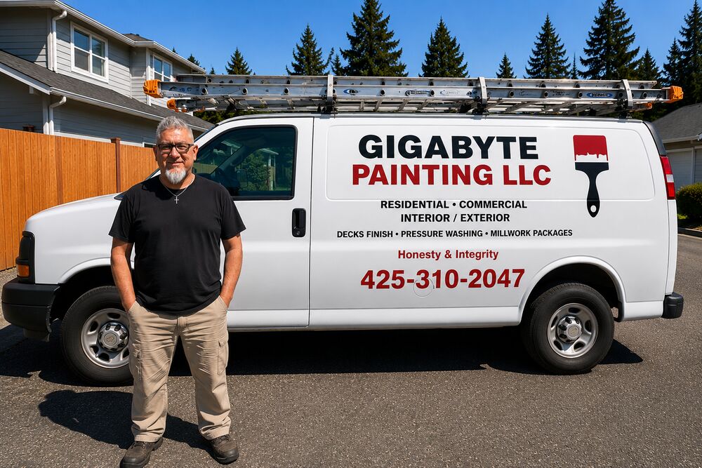 Frank, the point of contact for Gigabyte Painting, standing beside the company work van.