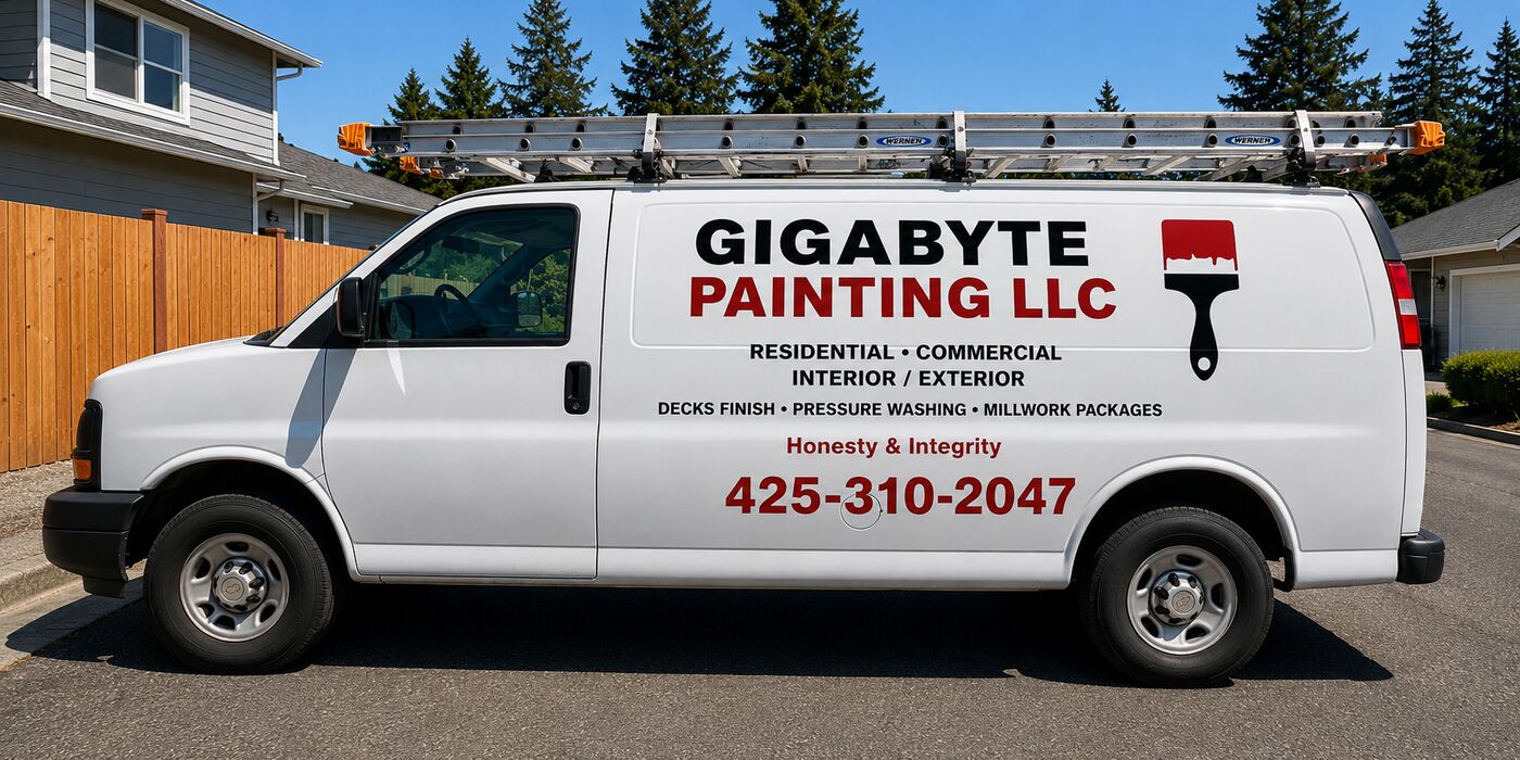 Gigabyte Painting work van with ladders, logo, and services listed on the side.